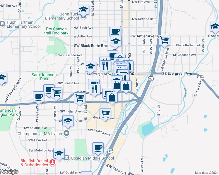 map of restaurants, bars, coffee shops, grocery stores, and more near 626 Southwest 8th Street in Redmond