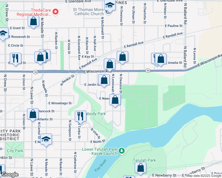 map of restaurants, bars, coffee shops, grocery stores, and more near 1019 North Leminwah Street in Appleton