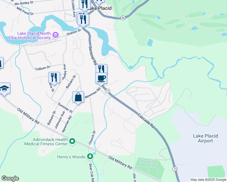 map of restaurants, bars, coffee shops, grocery stores, and more near 5920 Cascade Road in Lake Placid
