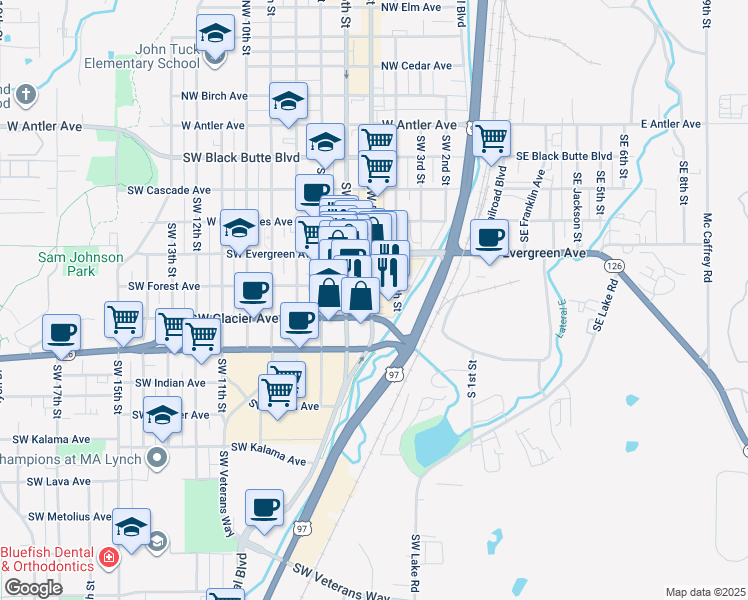 map of restaurants, bars, coffee shops, grocery stores, and more near 652 Southwest 5th Street in Redmond