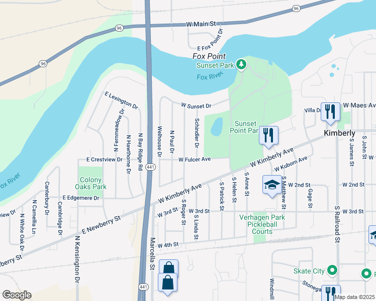 map of restaurants, bars, coffee shops, grocery stores, and more near 310 Schindler Drive in Kimberly