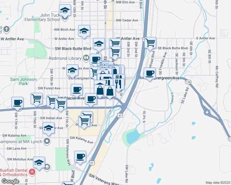 map of restaurants, bars, coffee shops, grocery stores, and more near 652 Southwest 5th Street in Redmond