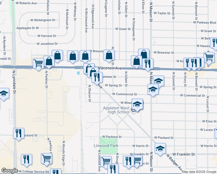 map of restaurants, bars, coffee shops, grocery stores, and more near 1010 North Badger Avenue in Appleton