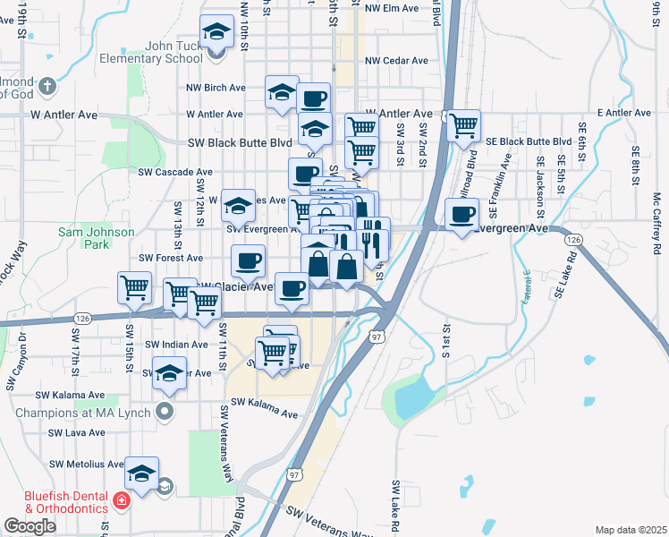 map of restaurants, bars, coffee shops, grocery stores, and more near 638 Southwest 6th Street in Redmond