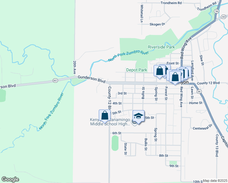 map of restaurants, bars, coffee shops, grocery stores, and more near 104 3rd Street in Kenyon