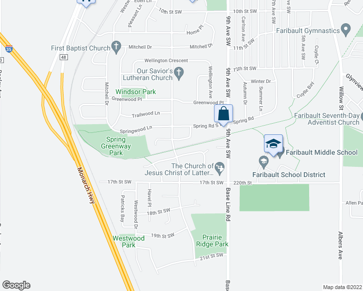 map of restaurants, bars, coffee shops, grocery stores, and more near 1608 Deerwood Lane in Faribault