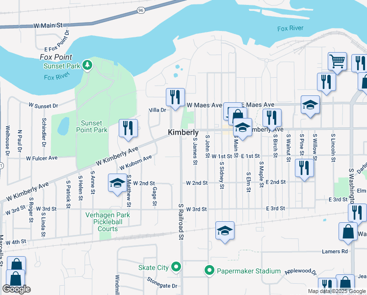 map of restaurants, bars, coffee shops, grocery stores, and more near 131B South Railroad Street in Kimberly