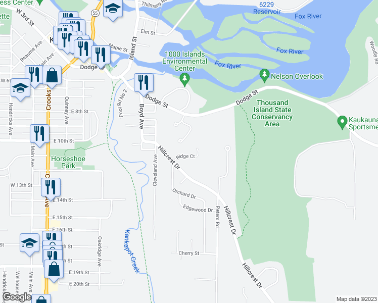 map of restaurants, bars, coffee shops, grocery stores, and more near 1116 Ridge Court in Kaukauna