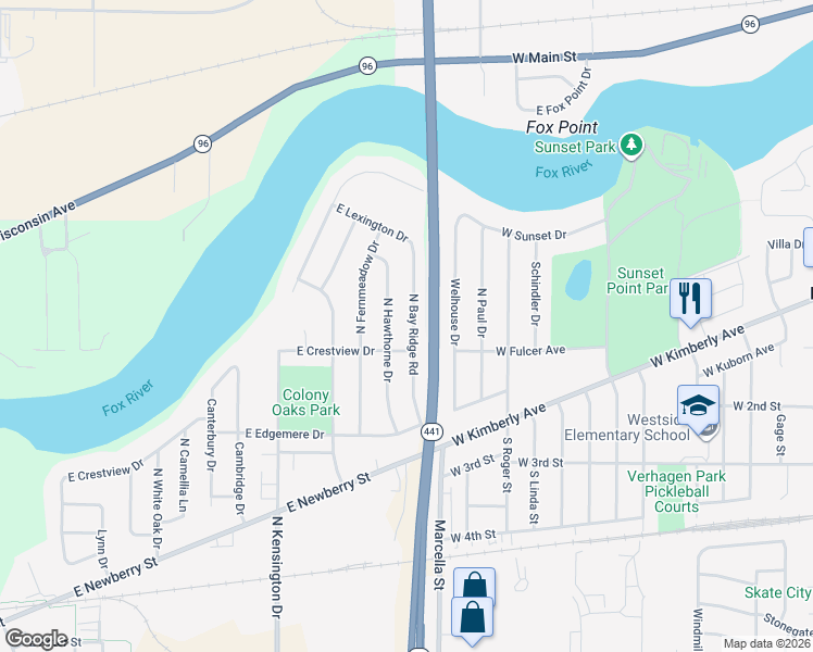 map of restaurants, bars, coffee shops, grocery stores, and more near 1011 North Bay Ridge Road in Appleton