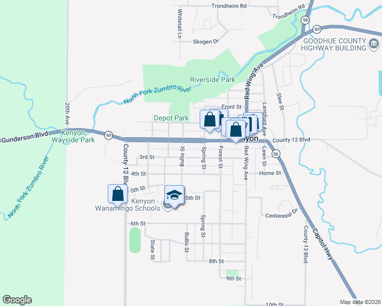 map of restaurants, bars, coffee shops, grocery stores, and more near 425 3rd Street in Kenyon