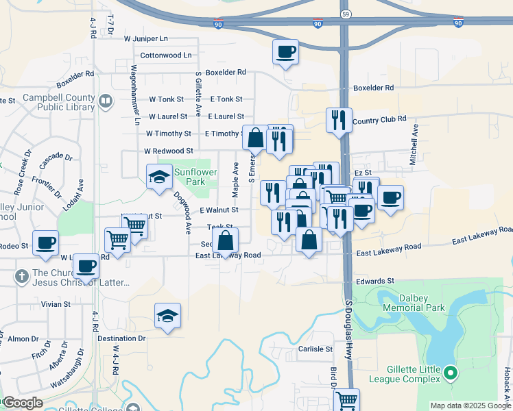 map of restaurants, bars, coffee shops, grocery stores, and more near 312 East Walnut Street in Gillette