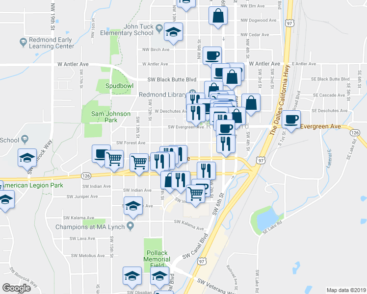 map of restaurants, bars, coffee shops, grocery stores, and more near 655 Southwest 9th Street in Redmond