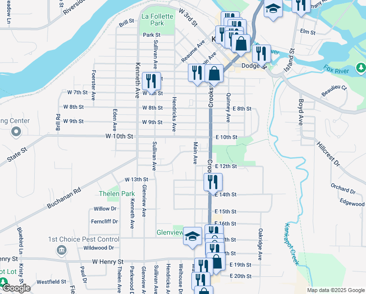 map of restaurants, bars, coffee shops, grocery stores, and more near 2 West 11th Street in Kaukauna
