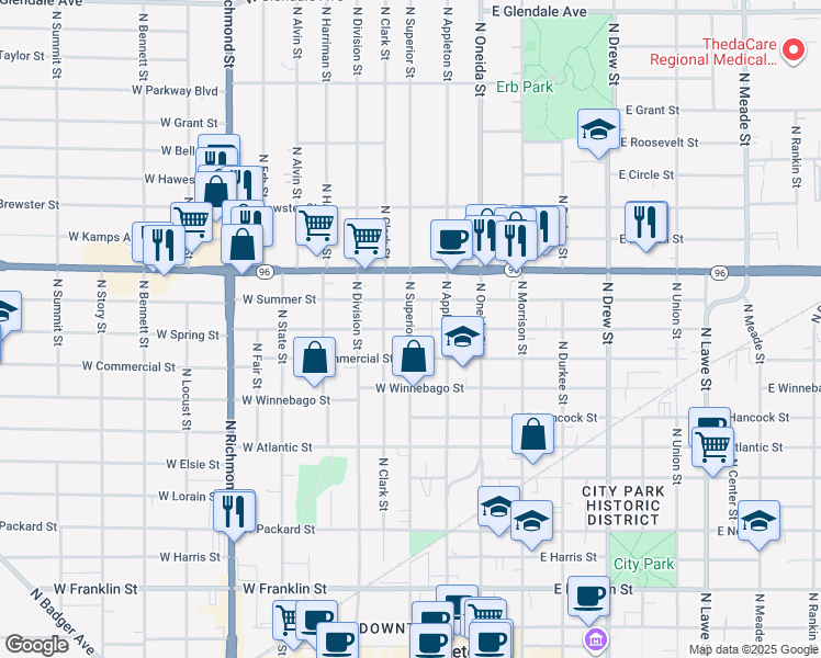 map of restaurants, bars, coffee shops, grocery stores, and more near 1014 North Superior Street in Appleton