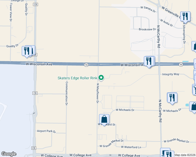 map of restaurants, bars, coffee shops, grocery stores, and more near 855 North Mayflower Drive in Appleton