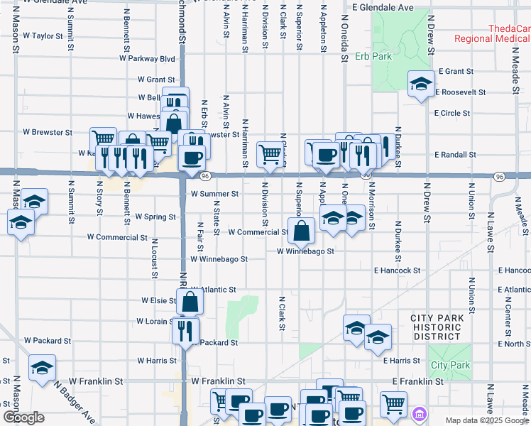 map of restaurants, bars, coffee shops, grocery stores, and more near 1101 North Division Street in Appleton