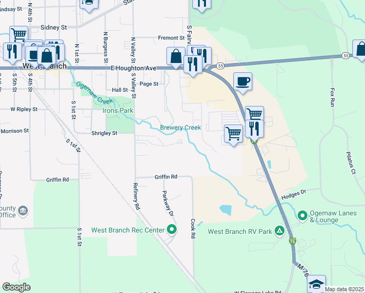 map of restaurants, bars, coffee shops, grocery stores, and more near 496 West River Park Drive in West Branch