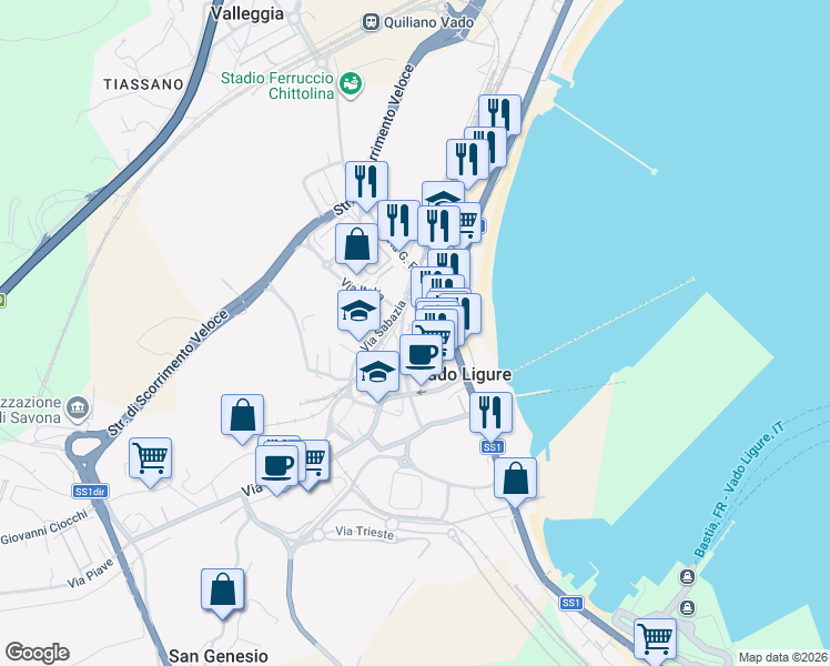 map of restaurants, bars, coffee shops, grocery stores, and more near 39 Via Armando Diaz in Vado Centro