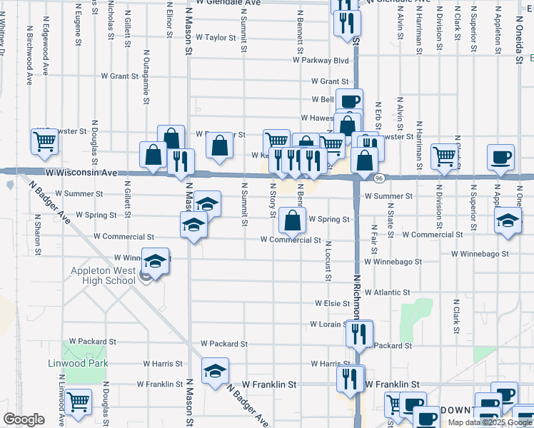 map of restaurants, bars, coffee shops, grocery stores, and more near 933 West Spring Street in Appleton