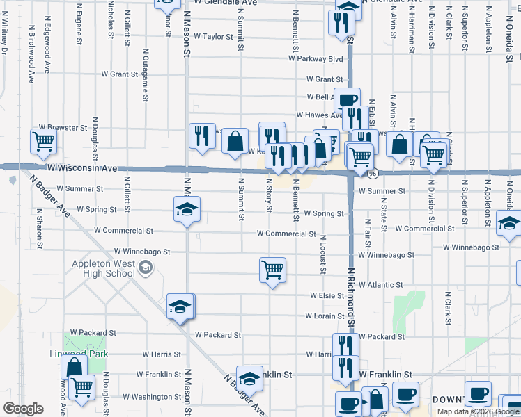 map of restaurants, bars, coffee shops, grocery stores, and more near 1031 West Spring Street in Appleton