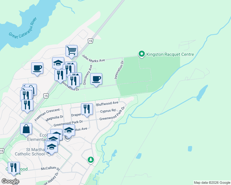 map of restaurants, bars, coffee shops, grocery stores, and more near 695 Innovation Drive in Kingston