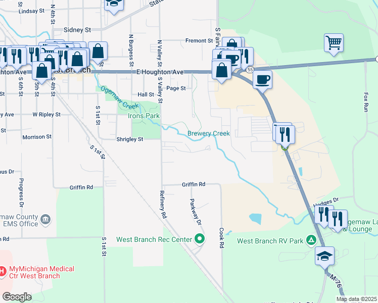 map of restaurants, bars, coffee shops, grocery stores, and more near 496 West River Park Drive in West Branch