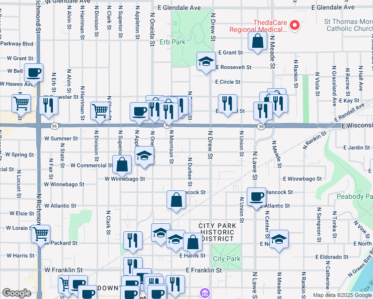 map of restaurants, bars, coffee shops, grocery stores, and more near 1014 North Durkee Street in Appleton