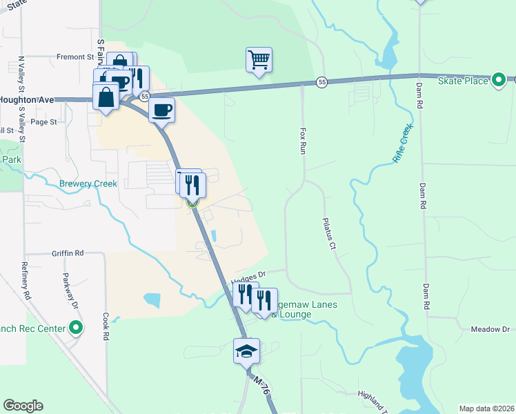 map of restaurants, bars, coffee shops, grocery stores, and more near 2302 Woodland Drive in West Branch