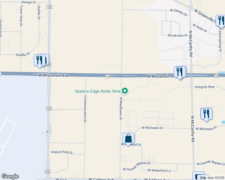 map of restaurants, bars, coffee shops, grocery stores, and more near 855 North Mayflower Drive in Appleton