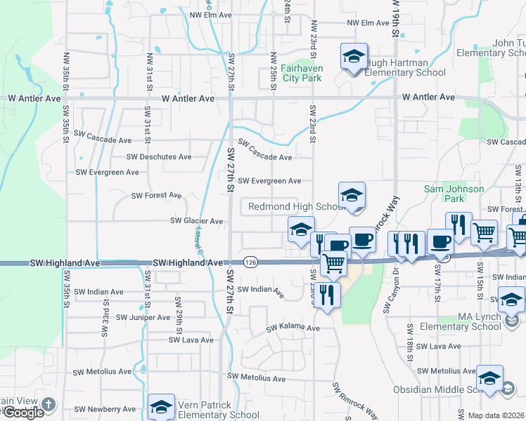 map of restaurants, bars, coffee shops, grocery stores, and more near 643 Southwest 25th Street in Redmond
