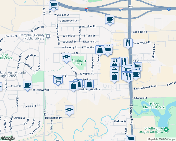 map of restaurants, bars, coffee shops, grocery stores, and more near 208-298 East Walnut Street in Gillette