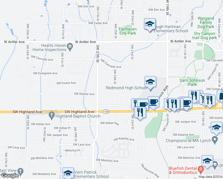map of restaurants, bars, coffee shops, grocery stores, and more near 2523 Southwest Fissure Loop in Redmond