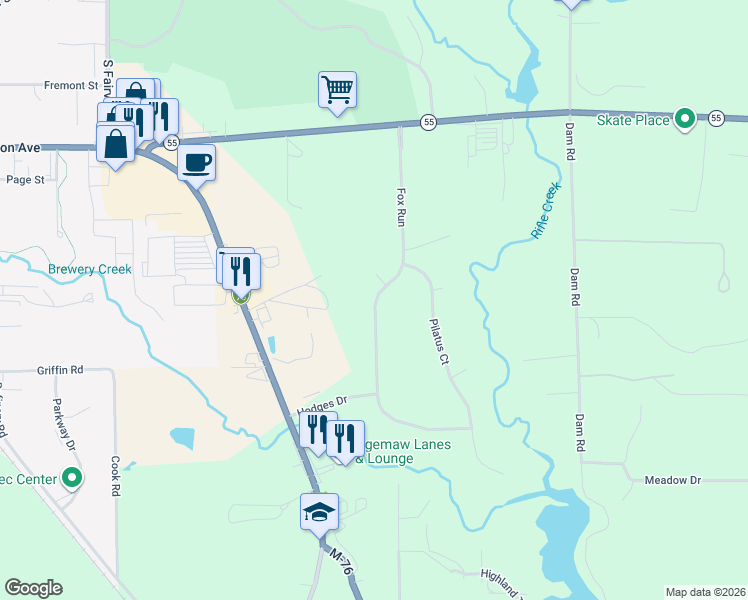 map of restaurants, bars, coffee shops, grocery stores, and more near 2302 Woodland Drive in West Branch