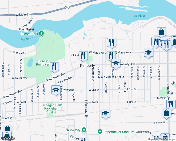 map of restaurants, bars, coffee shops, grocery stores, and more near 131B South Railroad Street in Kimberly