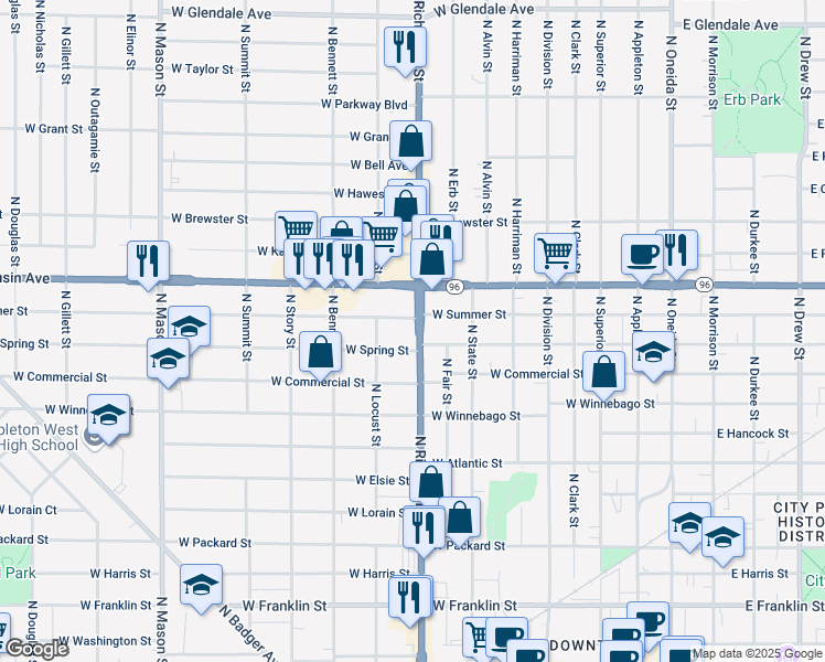 map of restaurants, bars, coffee shops, grocery stores, and more near 1115 North Richmond Street in Appleton