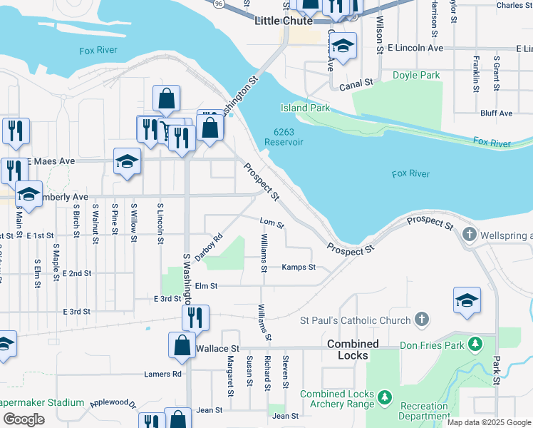 map of restaurants, bars, coffee shops, grocery stores, and more near 204 Williams Street in Combined Locks
