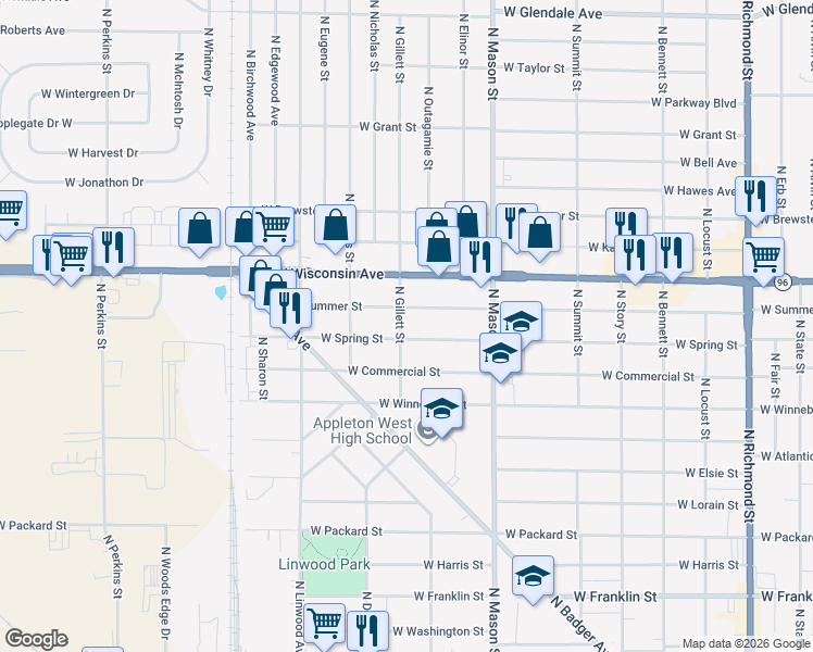 map of restaurants, bars, coffee shops, grocery stores, and more near 1015 North Gillett Street in Appleton
