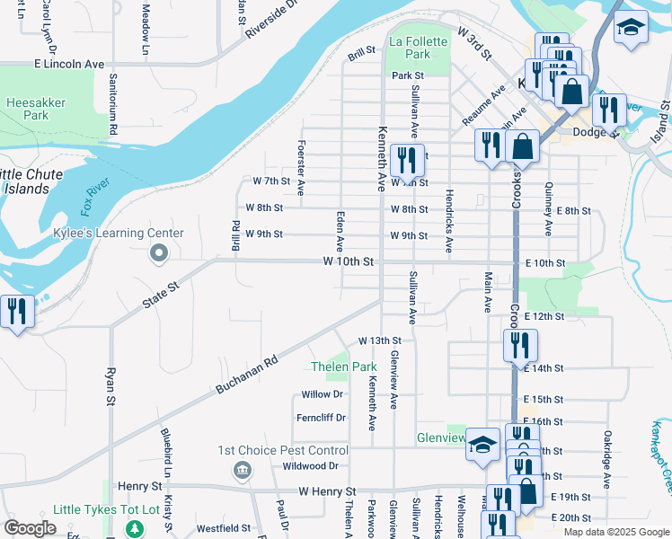 map of restaurants, bars, coffee shops, grocery stores, and more near 501 West 10th Street in Kaukauna
