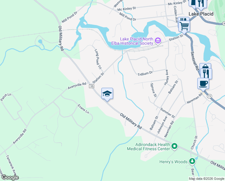 map of restaurants, bars, coffee shops, grocery stores, and more near 318 Old Military Road in Lake Placid