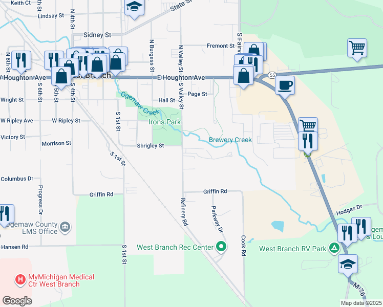 map of restaurants, bars, coffee shops, grocery stores, and more near 424 West River Park Drive in West Branch