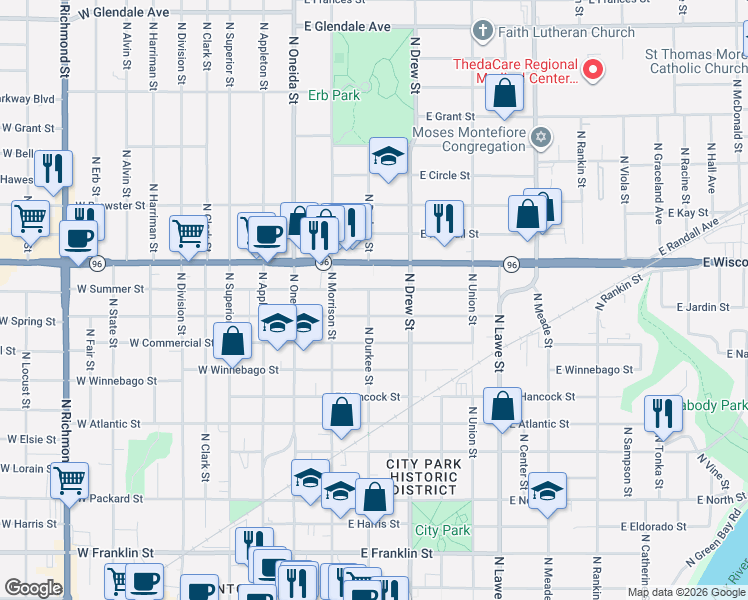 map of restaurants, bars, coffee shops, grocery stores, and more near 213 East Wisconsin Avenue in Appleton