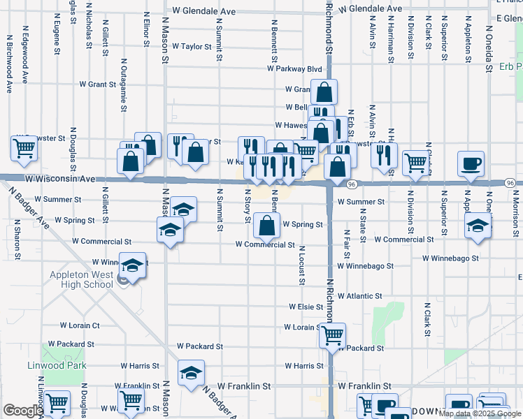 map of restaurants, bars, coffee shops, grocery stores, and more near 932 West Summer Street in Appleton