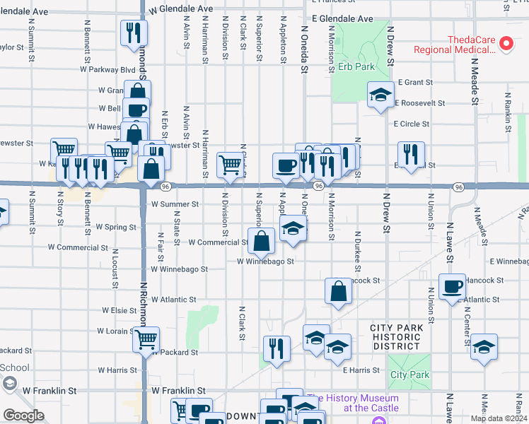 map of restaurants, bars, coffee shops, grocery stores, and more near 1208 North Superior Street in Appleton