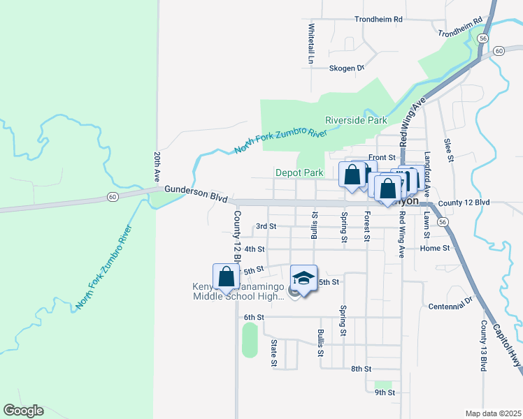 map of restaurants, bars, coffee shops, grocery stores, and more near 132 Gunderson Boulevard in Kenyon