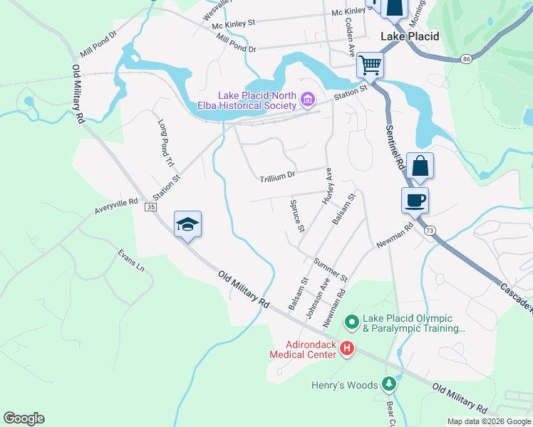 map of restaurants, bars, coffee shops, grocery stores, and more near 32-48 Cherry Street in Lake Placid