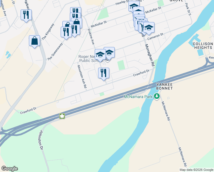 map of restaurants, bars, coffee shops, grocery stores, and more near 793 Crawford Drive in Peterborough