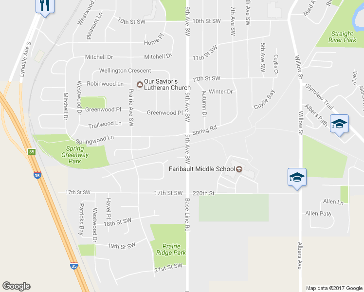map of restaurants, bars, coffee shops, grocery stores, and more near 1512 9th Avenue Southwest in Faribault