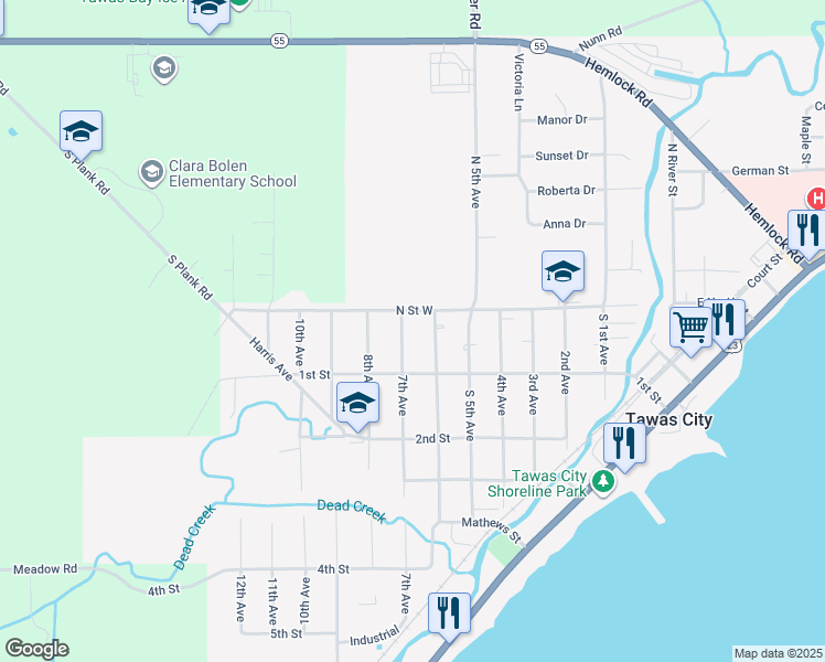 map of restaurants, bars, coffee shops, grocery stores, and more near 600-698 North Saint West in Tawas City