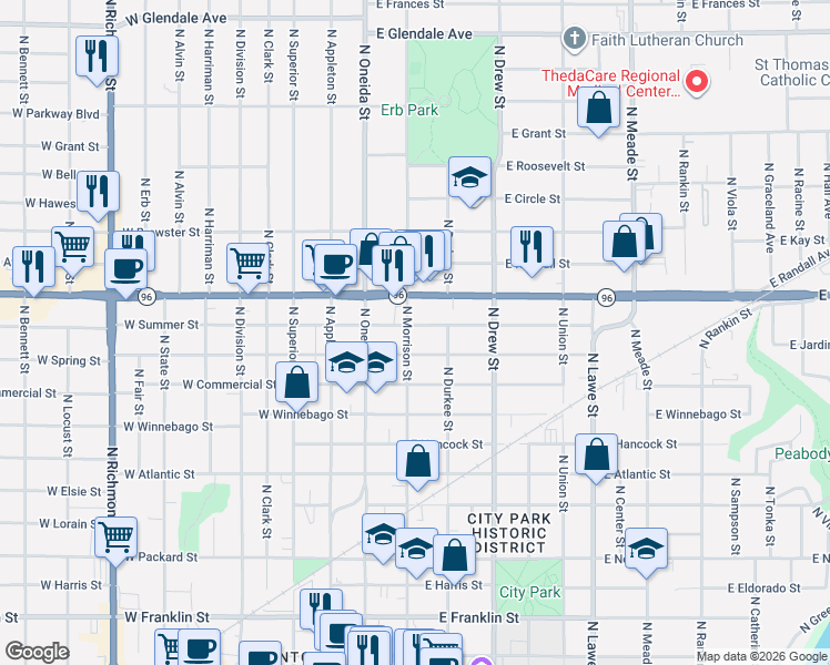 map of restaurants, bars, coffee shops, grocery stores, and more near 214 East Summer Street in Appleton