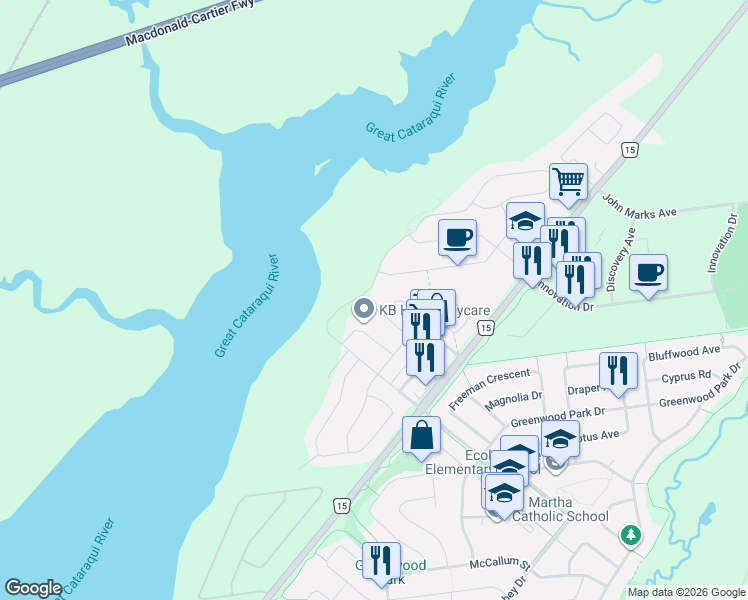 map of restaurants, bars, coffee shops, grocery stores, and more near 15 Schooner Drive in Kingston